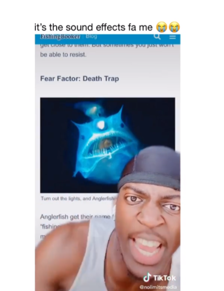 A man's face is shown on a screen with the text'fear factor death trap'.