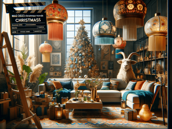 A living room with a christmas tree and decorations.