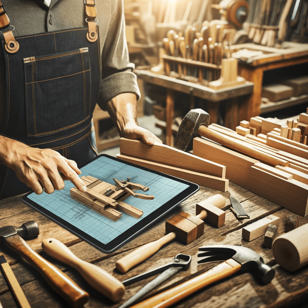 A man in overalls is using a tablet in a modern workshop.