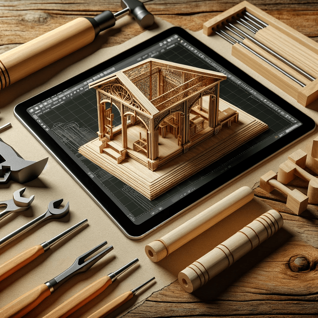 A traditional wooden model of a house with modern tools on a wooden table.
