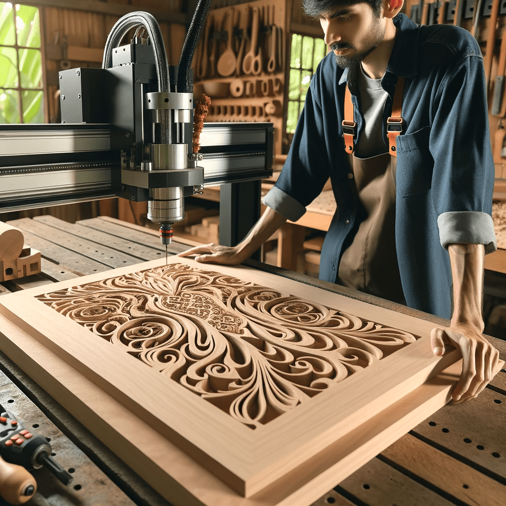 A man, combining traditional woodworking techniques with modern technology, diligently works on a wood carving in his workshop.