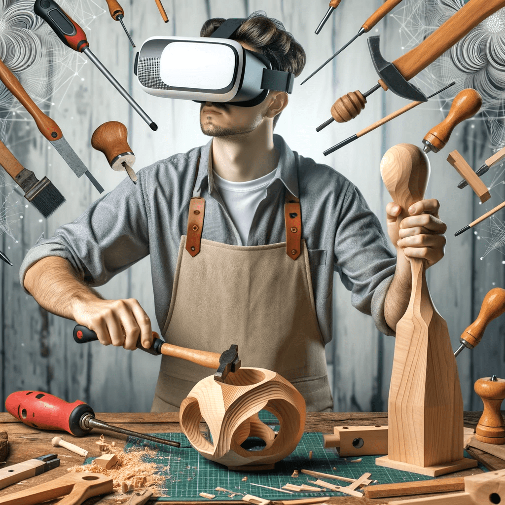 Traditional Woodworking Meets Modern Tech as a man wearing a vr headset is working on a piece of wood.