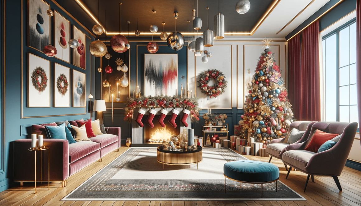3d rendering of a living room decorated for christmas.