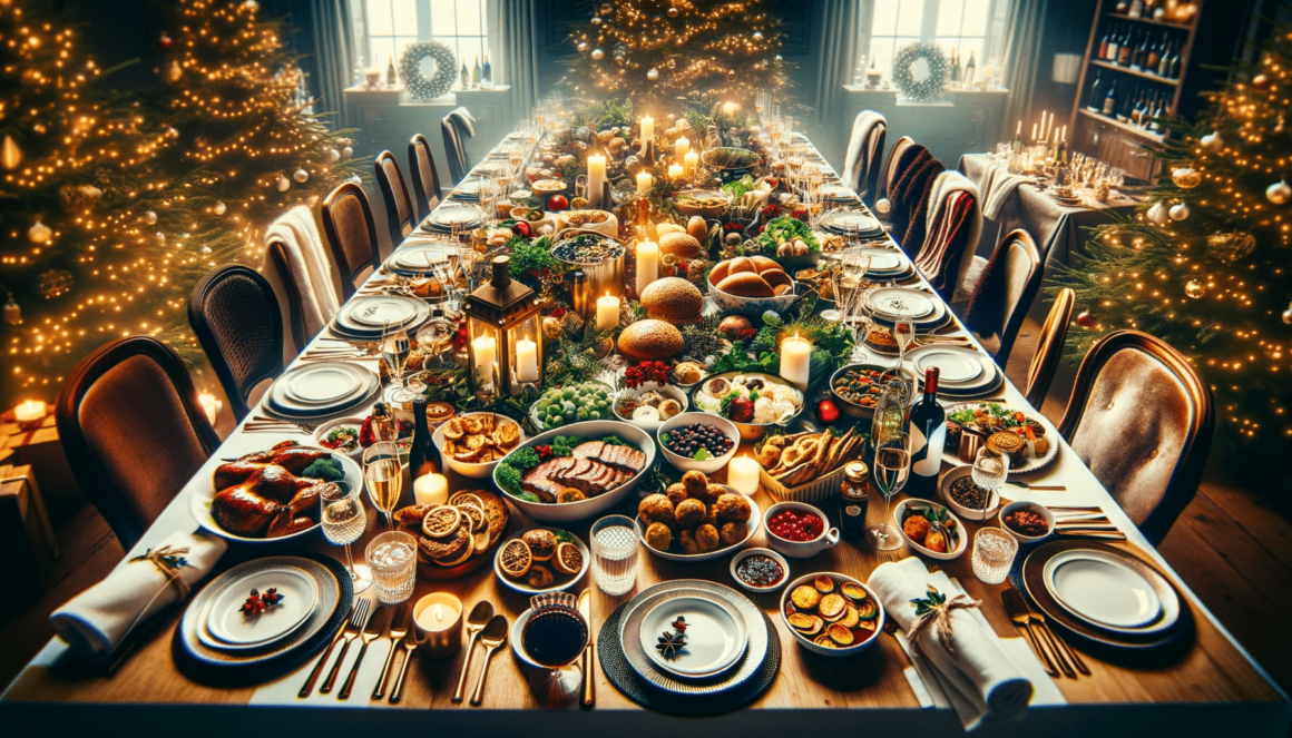 A christmas dinner table set up in front of a christmas tree.