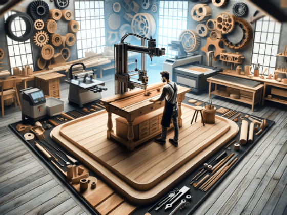 A man is working on a traditional woodworking machine in a workshop, seamlessly integrating modern tech.