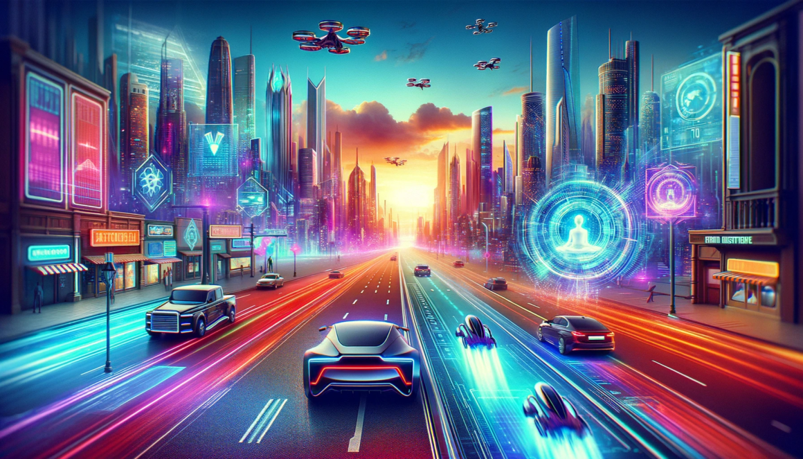 A futuristic city with cutting-edge cars and state-of-the-art signs, embodying the essence of AI in 2024.