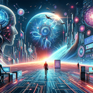 An image of a futuristic city with people standing in front of computers.