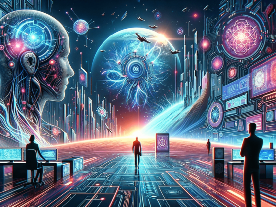An image of a futuristic city with people standing in front of computers.