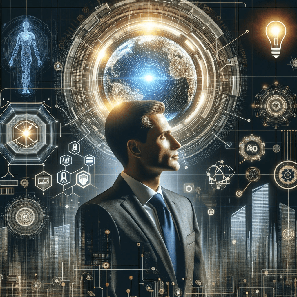 A man in a suit is looking at a futuristic world.