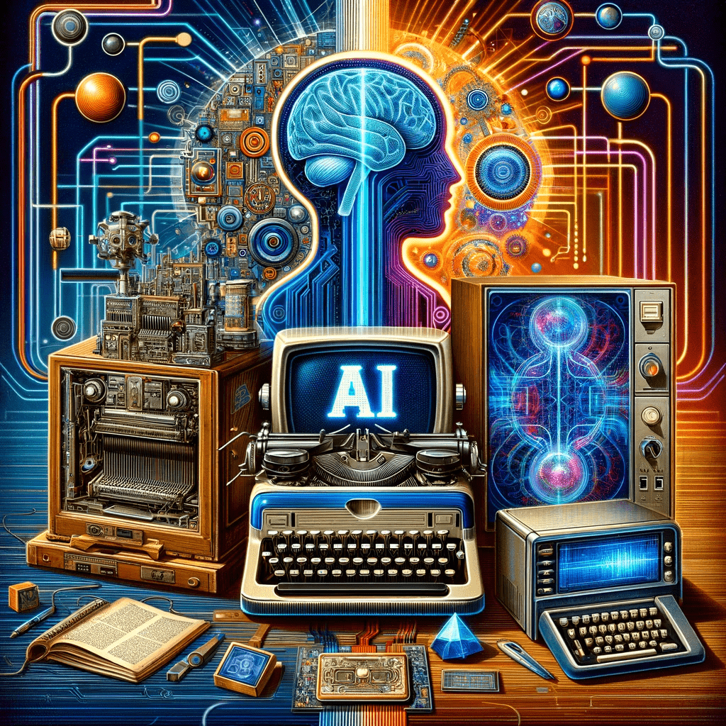 An image of an AI with a typewriter and other electronic devices, illustrating the concept of artificial intelligence.