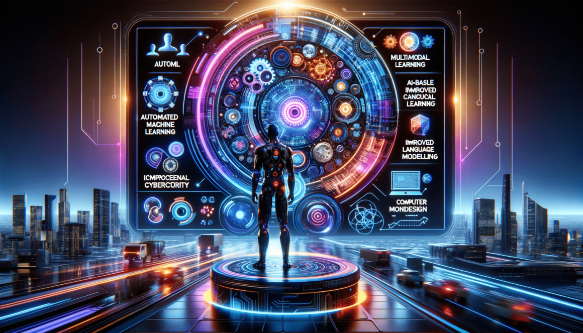 A futuristic image of a man standing in front of a futuristic screen, exploring the Ultimate Artificial Intelligence Guide.
