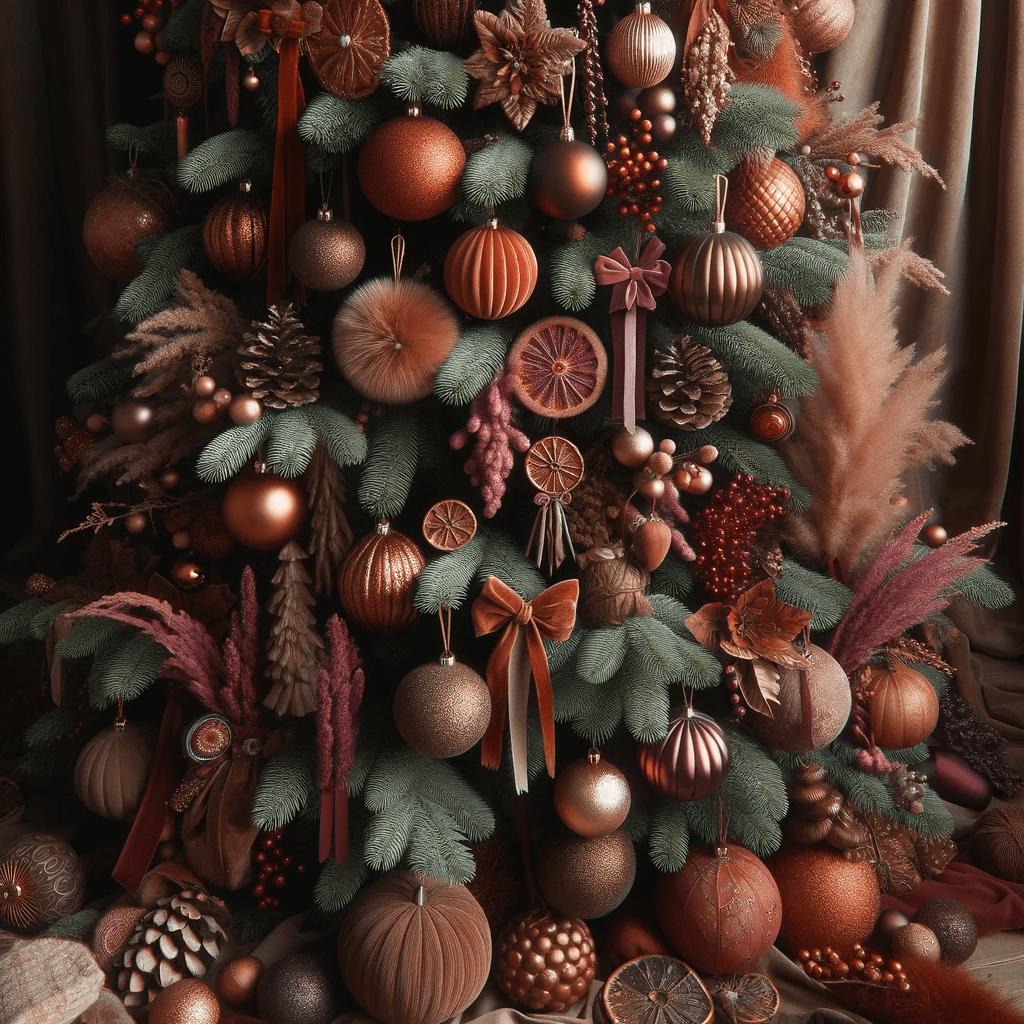 A christmas tree decorated with brown ornaments and pine cones.