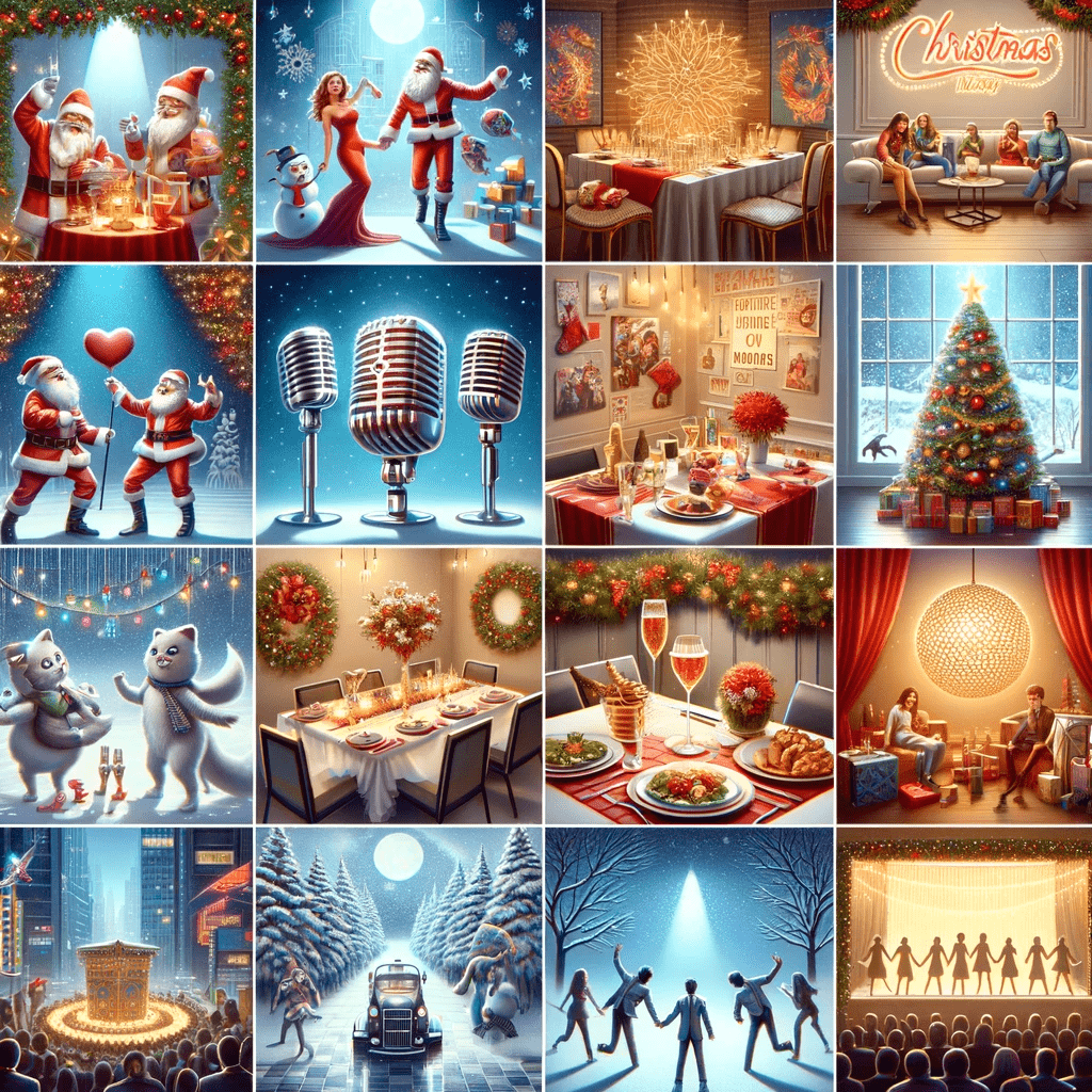 A collection of christmas scenes with santa claus, santa claus, santa claus.
