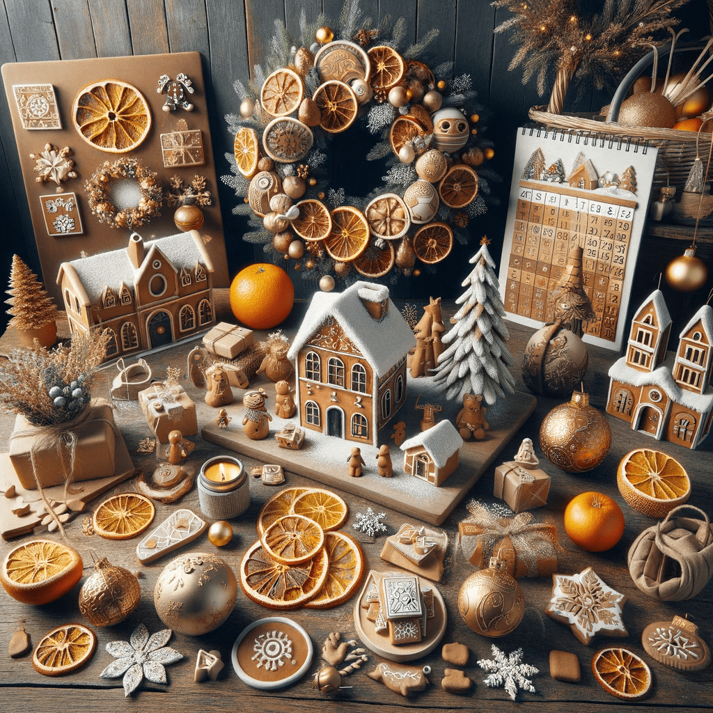 A collection of christmas decorations on a table.