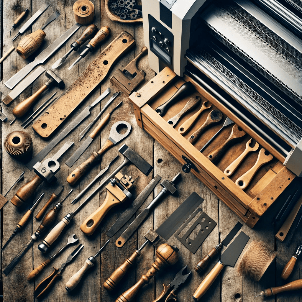 Various woodworking tools on a traditional wooden table.