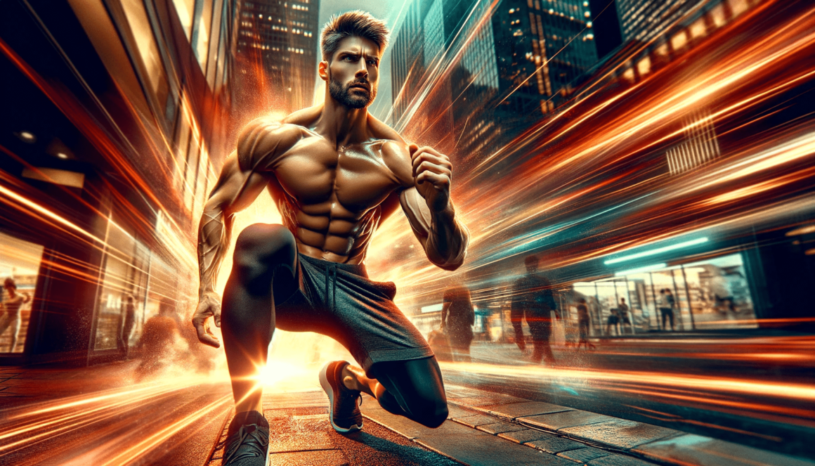 A man is running in a city with a blurry background.