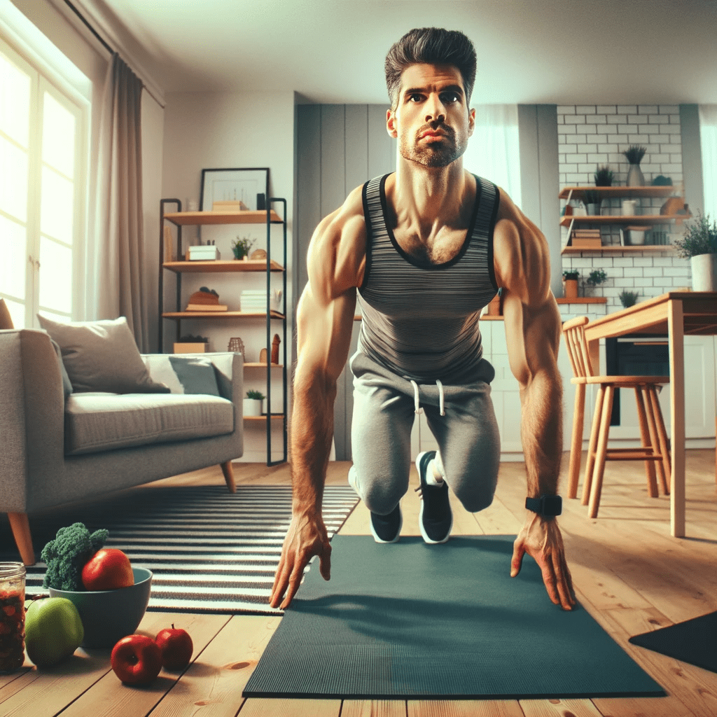 A man doing push ups in a living room.