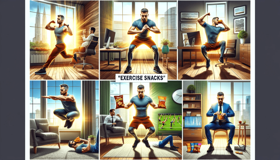 Exercise Snacks: A New Approach to Fitness for Busy Men. A series of pictures showcasing a man engaged in various exercises.