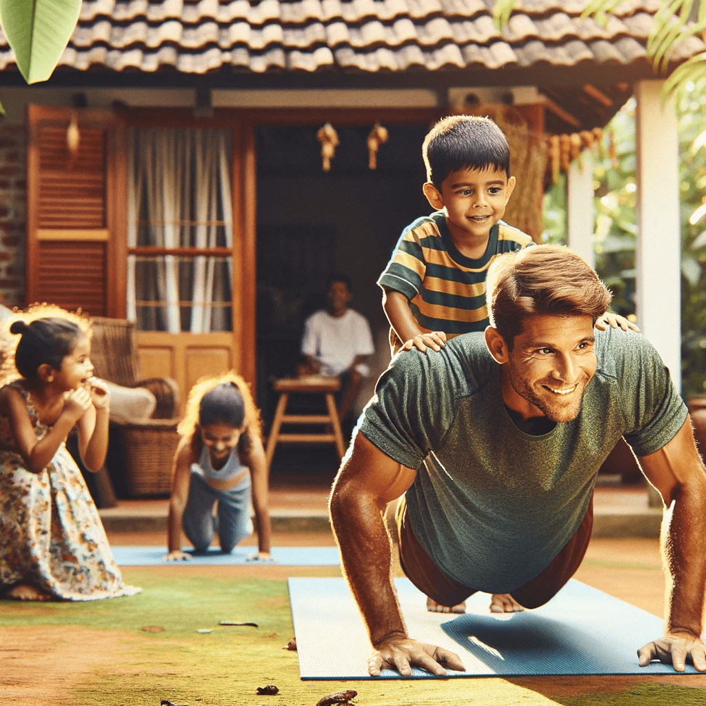 A man and his children doing yoga in a house.