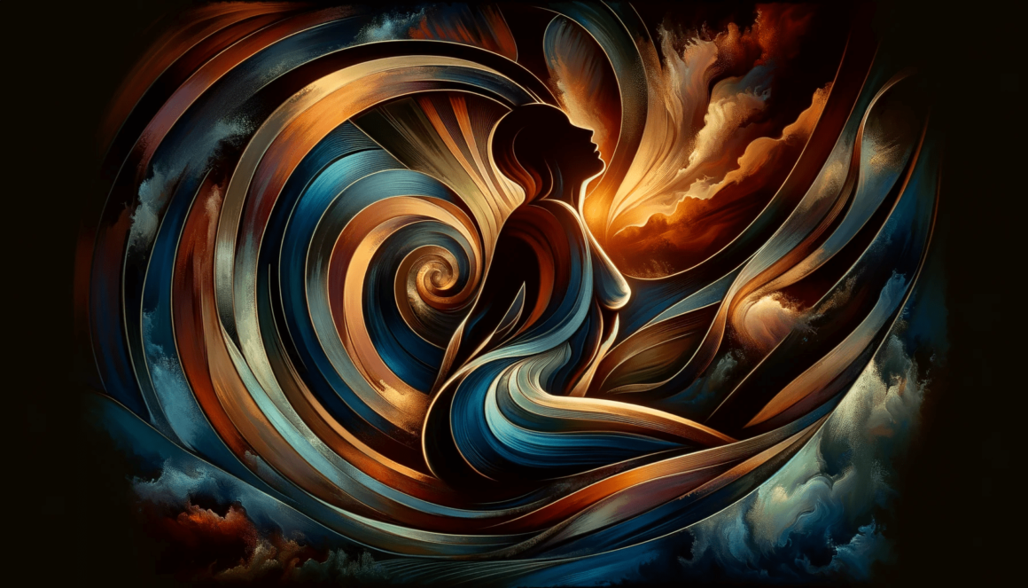 An abstract painting of a woman sitting on a cloud.