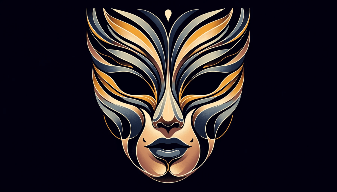 A colorful mask on a black background.