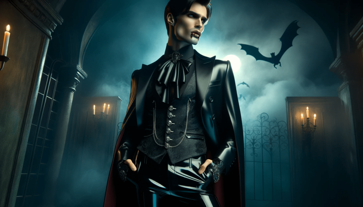 A man dressed as a vampire standing in a dark hallway.