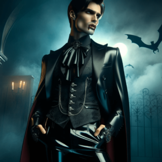 A man dressed as a vampire standing in a dark hallway.