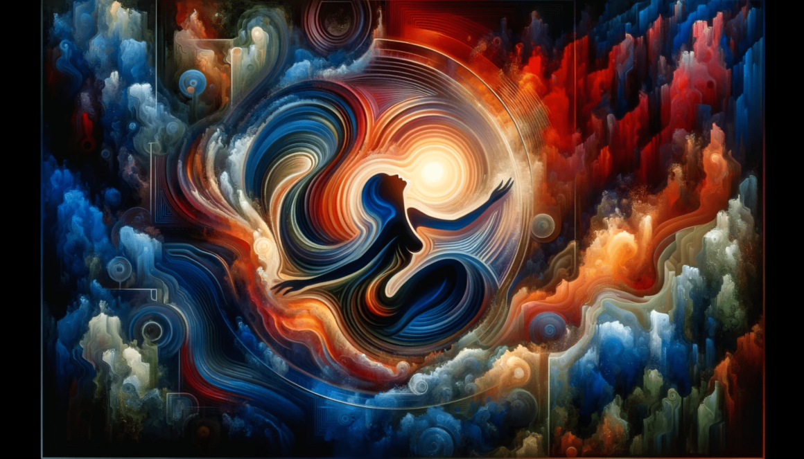 An abstract painting of a woman in the clouds.