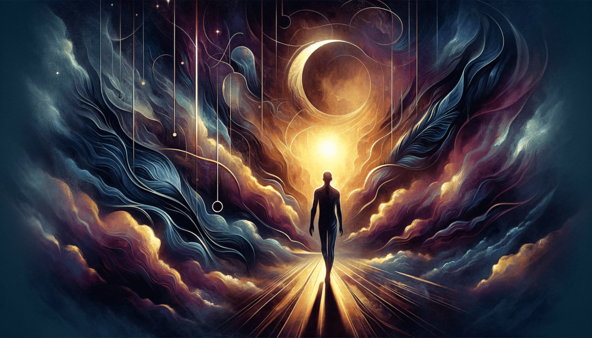A painting of a person walking through the clouds with a crescent moon in the background.