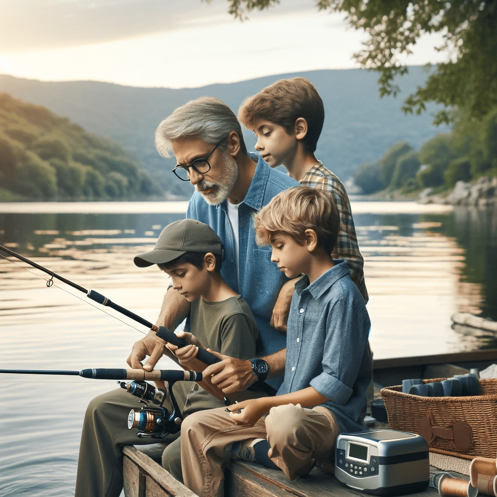 A grandfather and his sons are fishing on a dock.