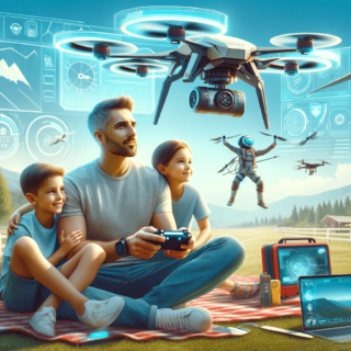 A man and his children are sitting on a field with a drone in the sky.