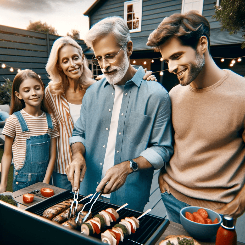 A family is grilling skewers on an outdoor grill.