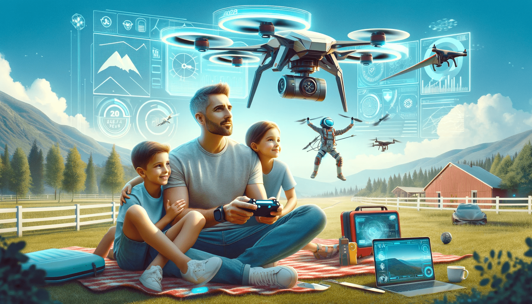 A man and his children are sitting on a field with a drone in the sky.