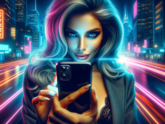 Influencer Gone Wild: A woman holding a phone in a neon city, showcasing the untamed side of social media stardom.