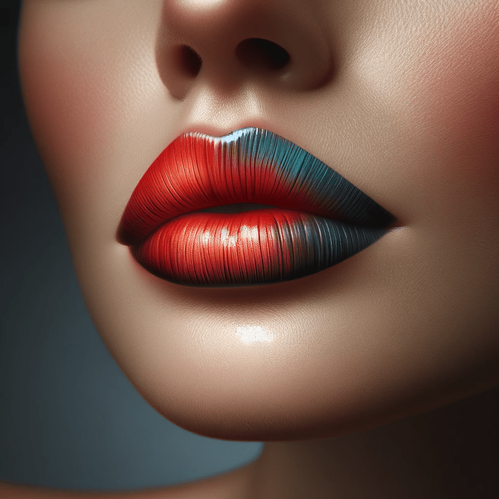 A woman's face with red and blue lips.