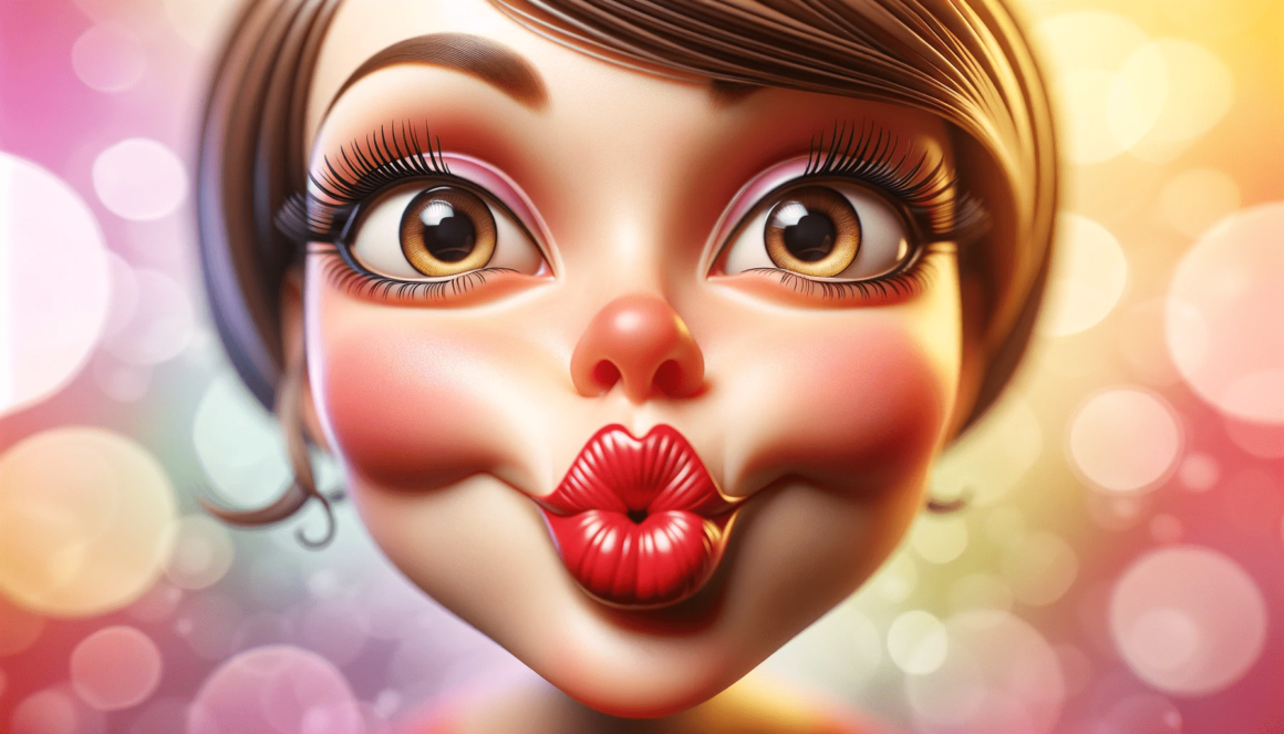 A cartoon girl is making a kiss with her lips.