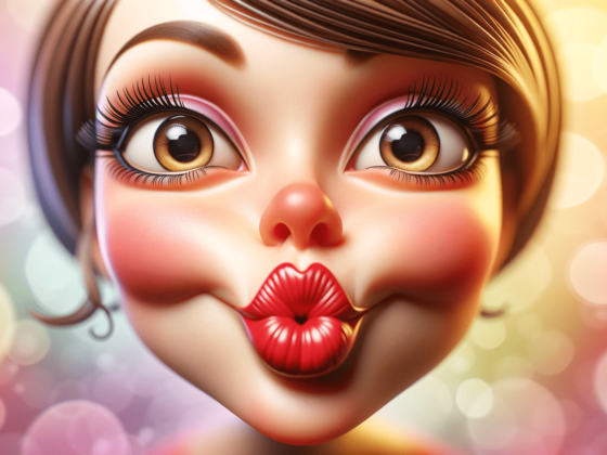A cartoon girl is making a kiss with her lips.