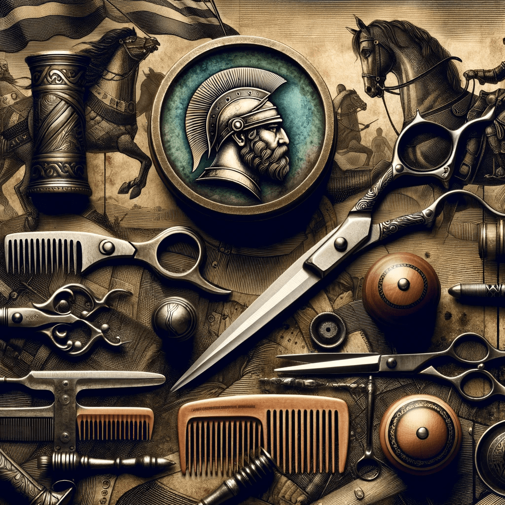 A collection of barber tools and other items inspired by historical battle strategies.