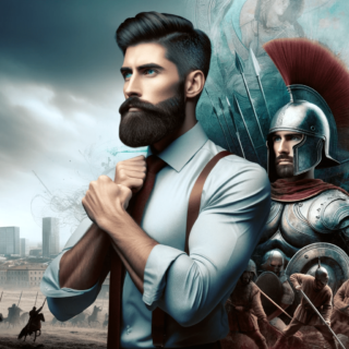 A man with a beard and a sword in front of a city.