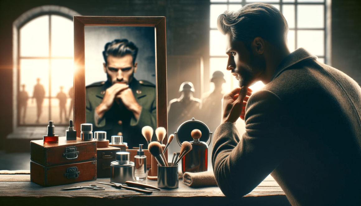 Warrior Whiskers: A man with a beard mastering the art of beard grooming while standing in front of a mirror.