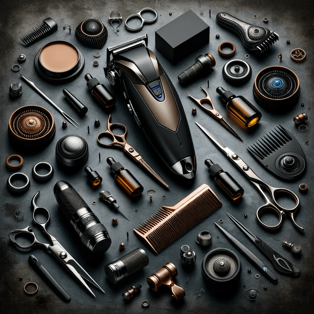 A collection of barber tools arranged on a dark background, showcasing the Warrior Whiskers approach to beard grooming.