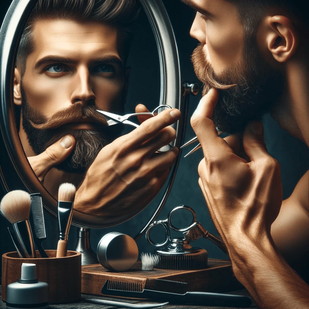 In front of a mirror, a man is meticulously shaving his warrior whiskers, applying the lessons from historical battle strategies to master the art of beard grooming.