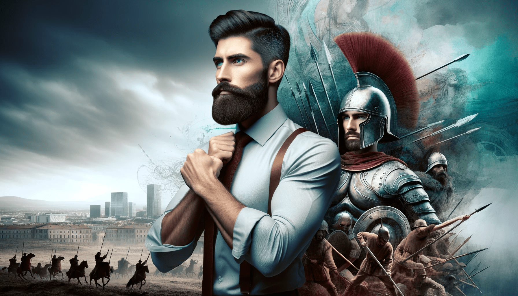 A man with a beard and a sword in front of a city.