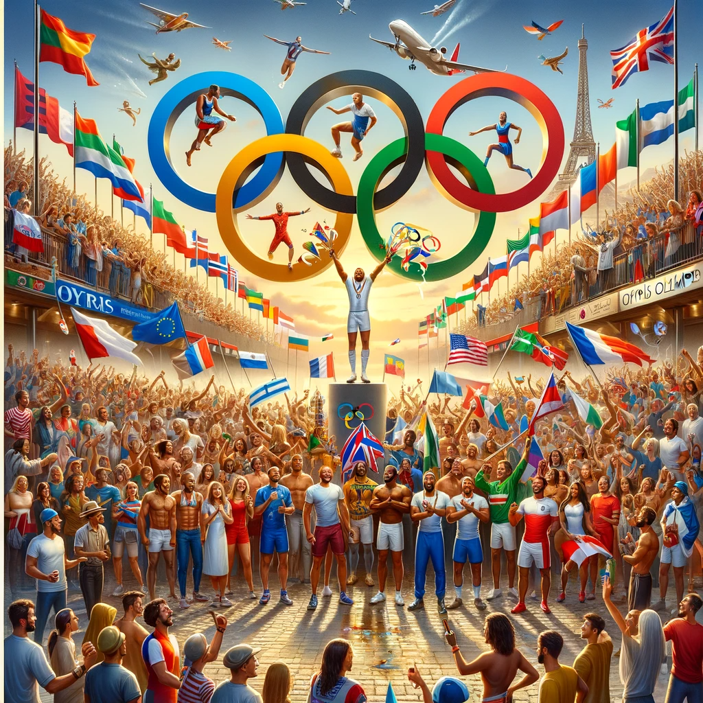 A painting of an olympic stadium with people and flags.