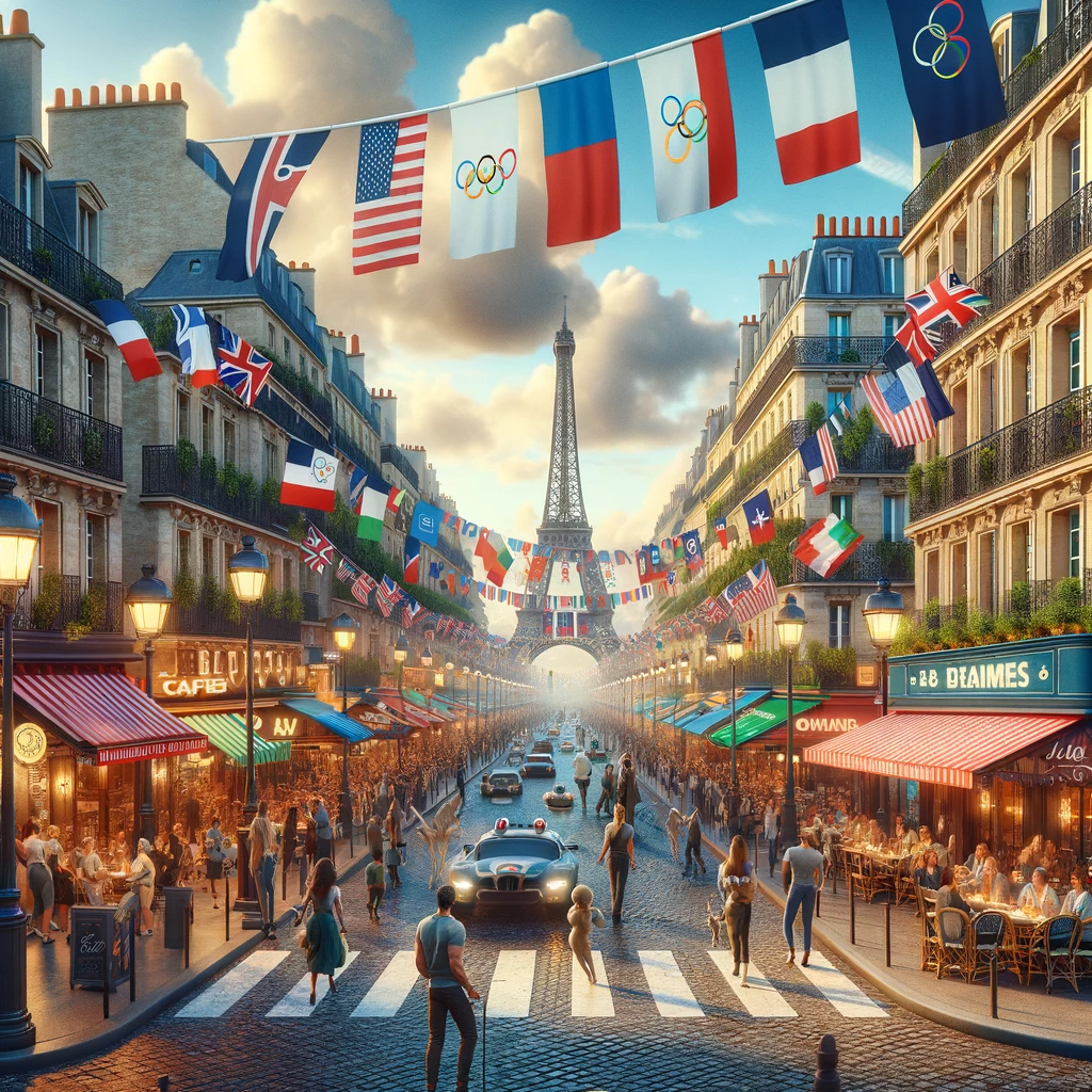 The streets of Paris are decorated with flags and banners for The Road to Paris 2024: Unmissable Stories and Stars Shaping the Next Olympics.