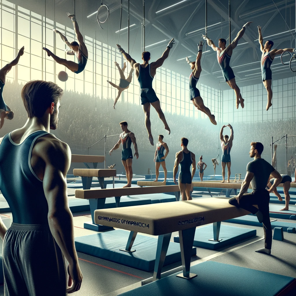 A group of gymnasts are doing gymnastics in a gym.