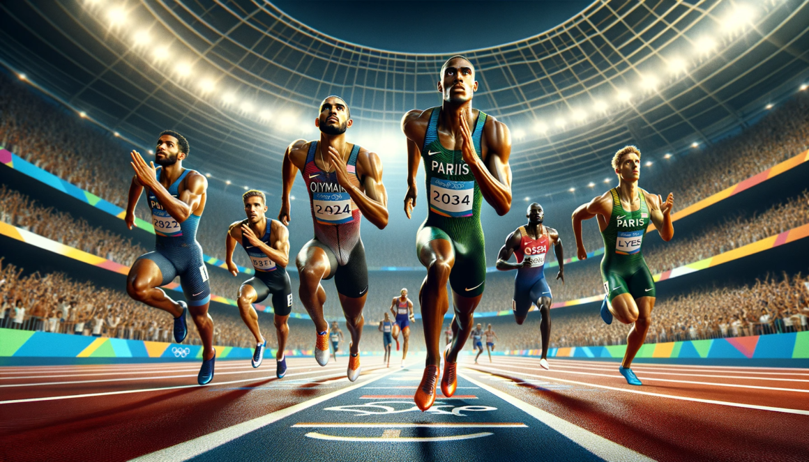 Olympic athletes running on a track in a stadium.