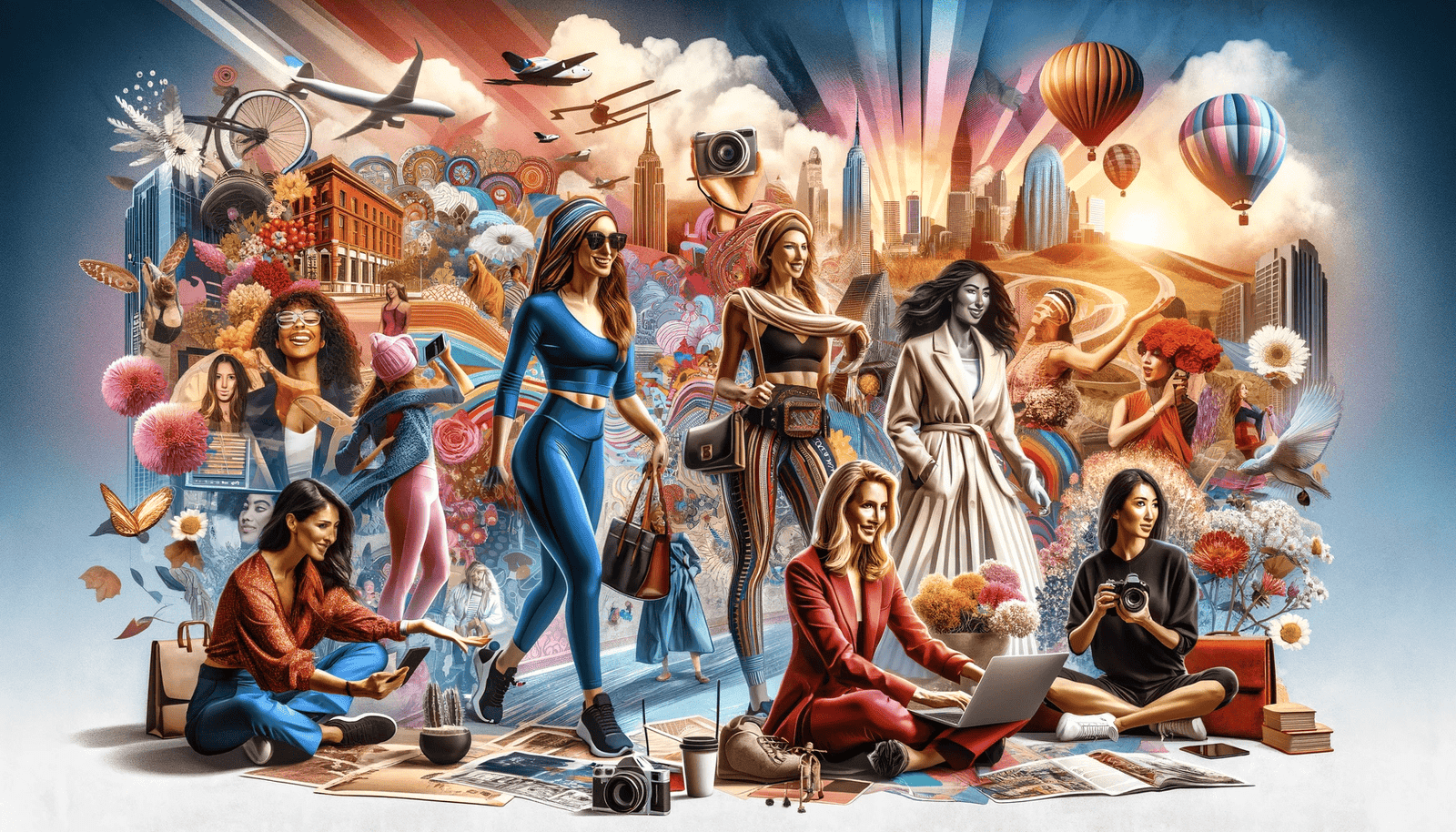 A trendy poster featuring a group of people exploring a vibrant cityscape, embodying the spirit of travel and trendsetting.