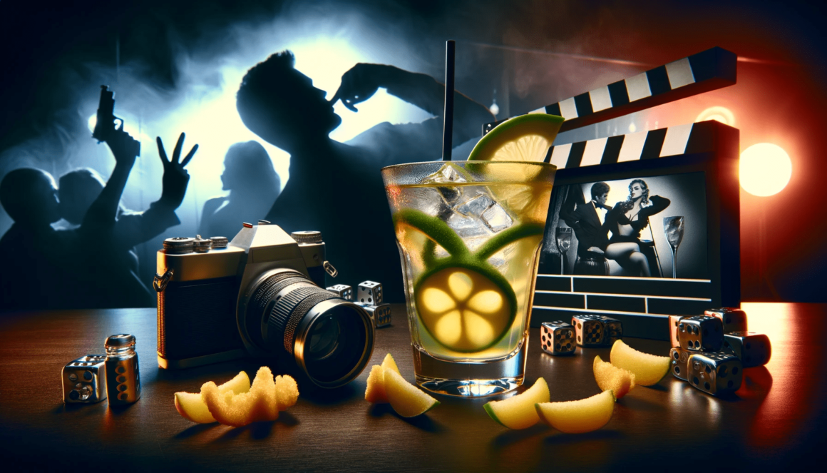 A cocktail with limes and a camera on a table.