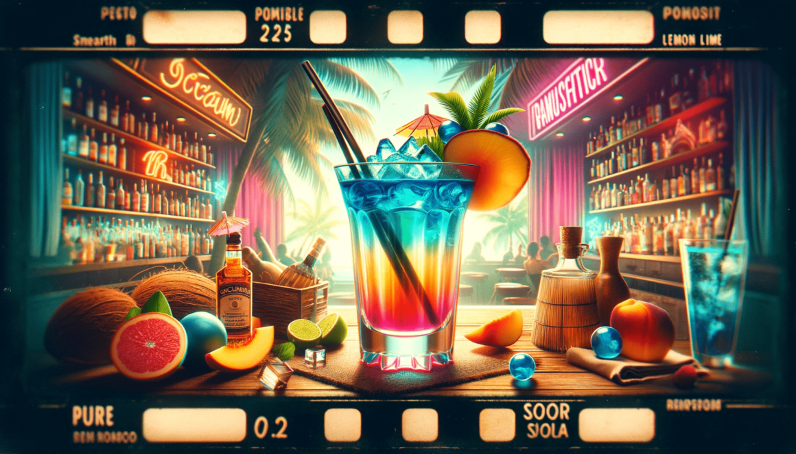 An image of a bar with a cocktail in front of it, featuring one or two of the 25 NSFW cocktail names such as 'Balls Deep' or 'Wet Pussy.'